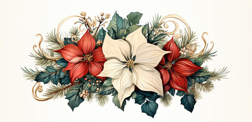 Wall Mural - Border with red and white poinsettia, spruce and holly branches . Floral Christmas decoration 