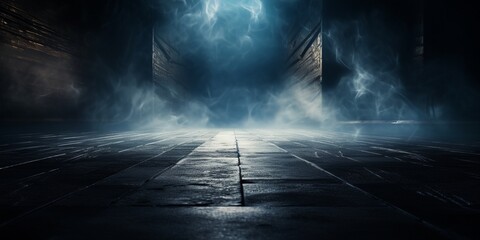Dark street, asphalt abstract dark blue background, empty dark scene, neon light, spotlights The concrete floor and studio room with smoke float up the interior texture for display products