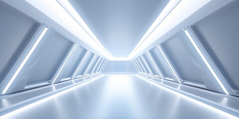 Empty Long Light Corridor. Modern white background. Futuristic Sci-Fi Triangle Tunnel. Minimal technology style scene, abstract leading lights white backgrounds.