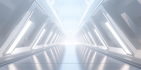 empty long light corridor. modern white background. futuristic sci-fi triangle tunnel. minimal techn
