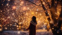 Woman Under Winter Holiday Decorated Shiny Trees Outside, Merry Christmas Colorful Celebration Shiny Sparkling Background.