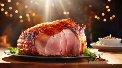 Wall Mural - A ham is sitting on a plate on a table.