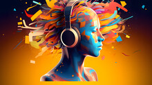 Creative Music Background. Colorful Head Wearing Headphones On Bright Background. Sound Inspiration And Emotions.