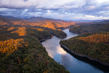 Aerial View of Fontana Lake in Smoky Mountains of Western North Carolina at Sunset