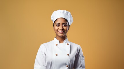 Wall Mural - Indian female young Chef smiling and looking at camera 