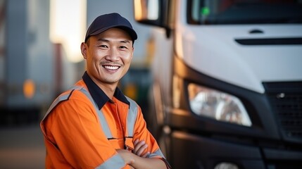 Canvas Print - Asian truck driver in safety clothes smile 