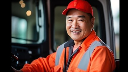 Canvas Print - Asian truck driver in safety clothes smile 