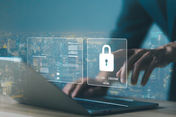 Wall Mural - lock mark cybersecurity internet. concept protect attacks from a hacker, crime, and viruses cyber. i