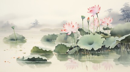 Wall Mural - watercolor painting of lotus flowers in full bloom floating on the water surface.