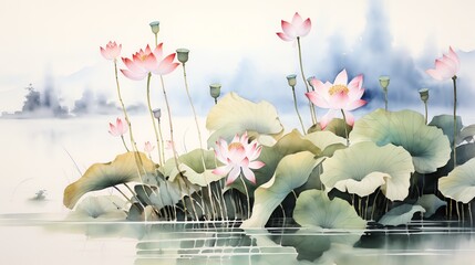 Wall Mural - watercolor painting of lotus flowers in full bloom floating on the water surface.