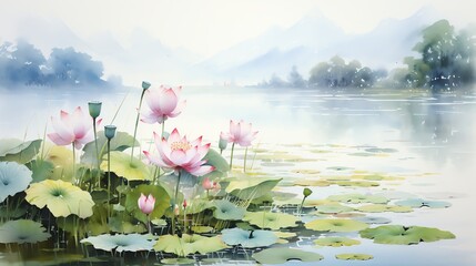 Wall Mural - watercolor painting of lotus flowers in full bloom floating on the water surface.