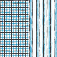 A set of two hand drawn blue and dark gray color stripes and checkered pattern for fabric textile design