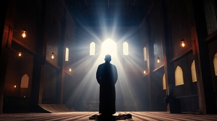 Silhouette of muslim man having worship and praying for fasting and Eid of Islam. Generative AI