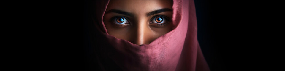 Close-up portrait of woman in pink burqa. Tanned Muslim woman with brown eyes looks at camera on dark background. Concept of belief in God, Arab world, Palestine. Horizontal banner. Genereative AI	