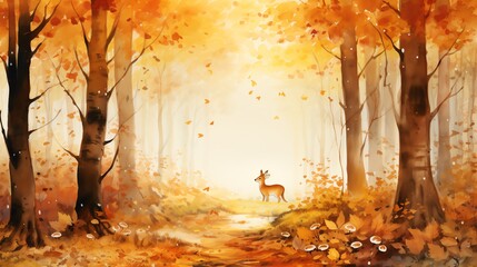 Wall Mural - painting of whimsical squirrels gathering acorns and playing among the foliage in autumn forest