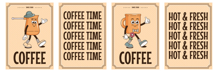 funky groovy cartoon character coffee poster set. vintage funny mascot patch fast psychedelic smile 