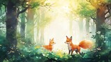 Fototapeta Dziecięca - painting of foxes exploring the ancient woodland