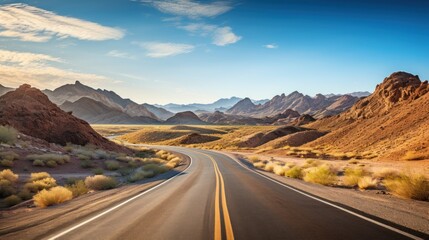 Road Winding along empty roads through a barren desert landscape.