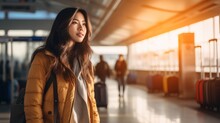 Young Asian Woman Carrying Suitcase, Looking Through Window At Airport