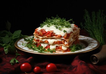 Poster - A plate of lasagna with tomatoes and cheese. Generative AI.