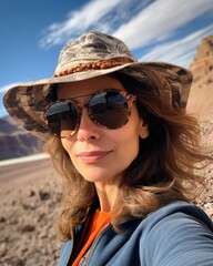 Poster - A woman wearing sunglasses and a hat in the desert. Generative AI.