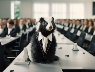 Poster - A black and white skunk wearing a suit and tie. Generative AI.