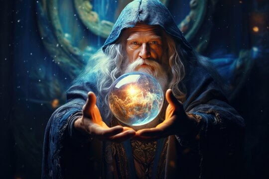 Magician holding crystal ball, imaginative magician from fairy tale, elderly magician and divination crystal ball