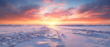 A Breathtaking Winter Landscape, As The Sun Sets Over The Horizon, Painting The Sky With A Fiery Afterglow And Blanketing The Frozen Field In A Soft Layer Of Snow