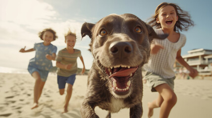 Wall Mural - A happy dog running on the beach with Happy Children