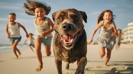 Wall Mural - A happy dog running on the beach with Happy Children