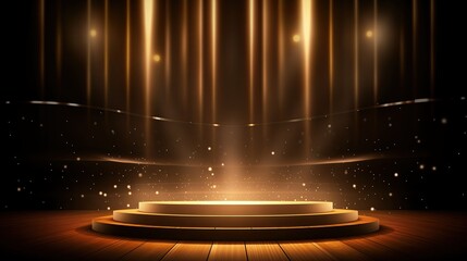 Podium with golden light rays background, Golden light shiny award stage