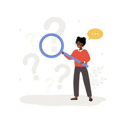 Wall Mural - faq concept. african woman with magnifying glass search for answers. customer support and online hel