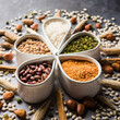 Indian Beans,Pulses,Lentils,Rice and Wheat grain in a white Sunburst or sun rays shape designer container , selective focus.
