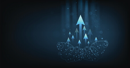 Aufkleber - Growth business and successful with arrow up digital on Hand holding on a dark blue background.Concept of goals to be successful.	