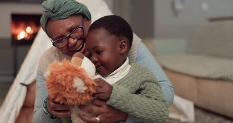 Poster - Gift, talking and a grandmother with a child and bear for love, care and bonding in a house. Playing, family and a senior African woman with a boy kid and toys as a present or for a game together