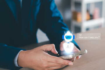 Wall Mural - chat robot ai assistant concept. businessman show command prompt to smart ai chatbot. modern technol