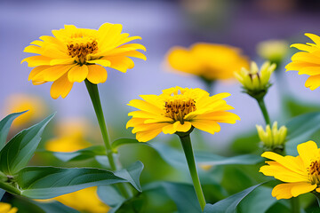 Wall Mural - yellow jynia flowers seen up close in the autumn garden generative ai
