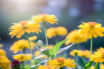 Wall Mural - yellow jynia flowers seen up close in the autumn garden generative ai