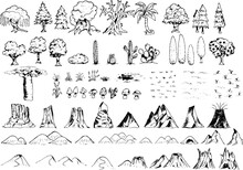 Fantasy Map Elements Hand Drawn Vector Design - Of Nature Cartography Symbols - Trees, Plants, Mountains