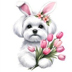 Aufkleber - Easter maltese dog illustration created with Generative AI technology