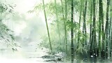 Fototapeta Sypialnia - watercolor painting of tall bamboo swaying in the breeze during a gentle rain shower