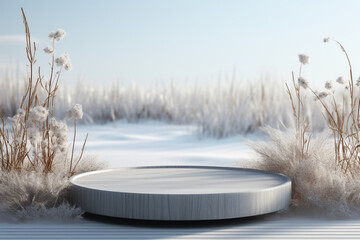 misty morning winter snow covered ice a plate or podium in ground and branches at side of plate or podium natural look