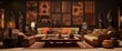 Imagine an Angolan-inspired entertainment room with tribal artwork, earthy tones, and comfortable seating, celebrating Angola's rich cultural heritage.