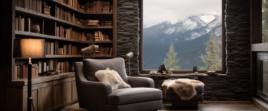 Create a cozy Andorran-inspired reading nook with wooden bookshelves, plush seating, and mountain-themed decor, embracing the tranquility of the Andorran lifestyle.