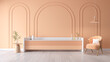 Peach fuzz room ,minimal luxury interior ,Mockup a TV wall mounted with peach  armchair ,peach color paint wall. color of the year 2024 , 3d render