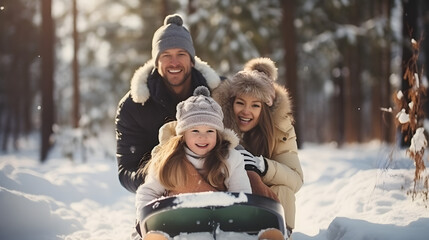  Parents and daughter go sledding in winter