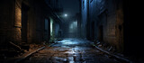 Fototapeta Fototapeta uliczki - night streets of a poor district of a big city, banner made with The spooky old ruin narrow corridor vanished into the darkness Lonely deserted abandoned alley in light of rare lanterns 
