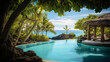 Luxury swimming pool with tropical setting with lush greenery and crystal-clear waters
