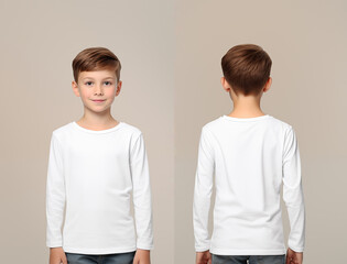 Front and back views of a little boy wearing a white long-sleeve T-shirt