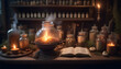 A special place for a witch with stove like a cauldron. Jars with magic stuff and a book that turns pages on its own ai generation